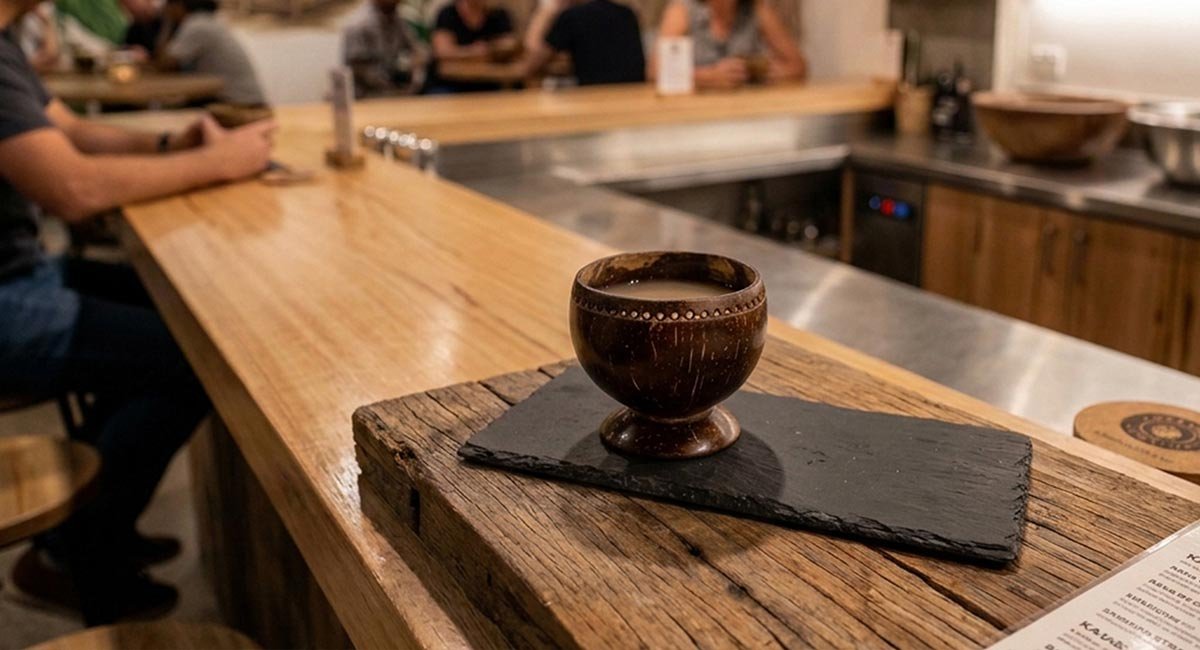 Kava served in a traditional half coconut shell cup