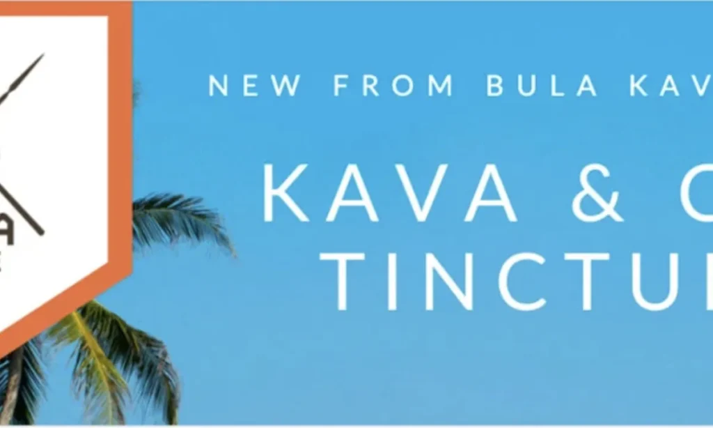 Promotional graphic announcing a new kava tincture, with a palm tree against blue sky and a partly cropped logo