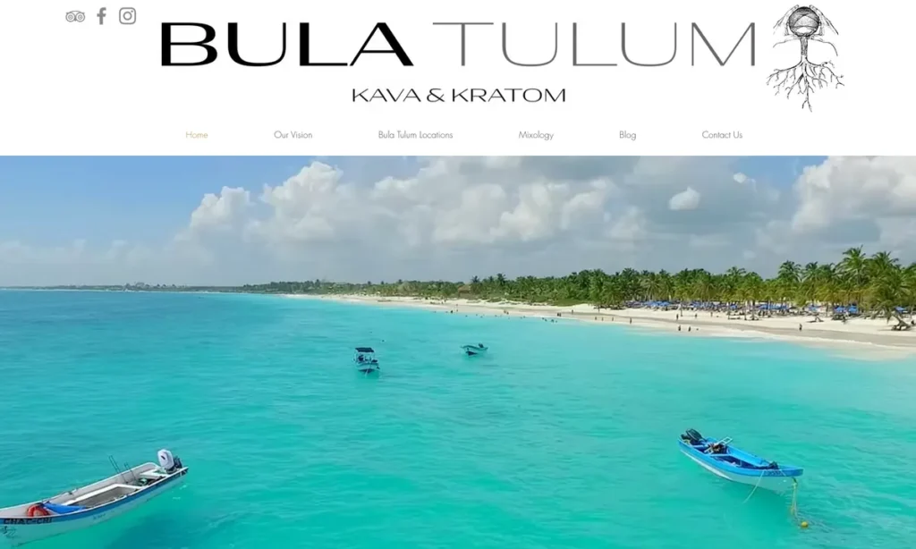 Bula Tulum Kava & Kratom header above a turquoise Tulum beach with small boats and palm trees