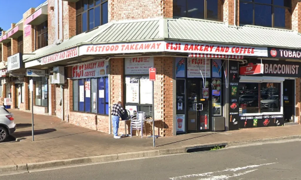 Street view of the Fiji Bakery and Coffee storefront in Campbelltown