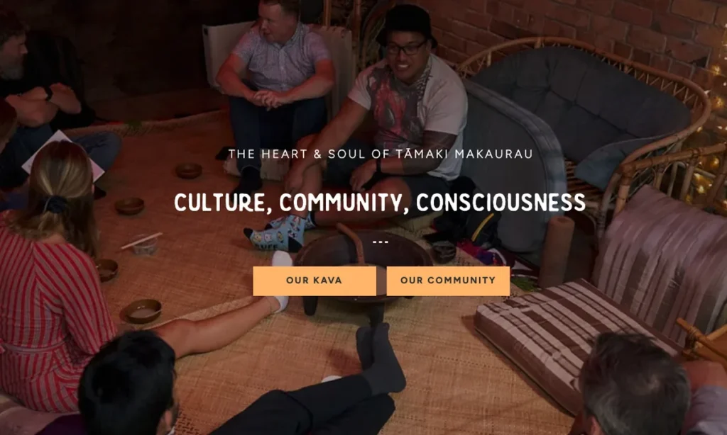 People seated in a circle on woven mats around a kava bowl at Four Shells Kava in Auckland