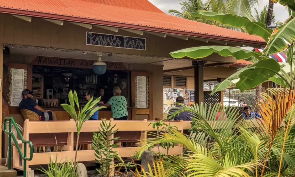 Open-air counter of Kanaka Kava in Kailua-Kona under an orange roof, with customers seated at the bar among tropical plants