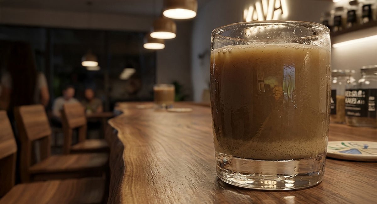 Kava served in a modern glass at a kava bar