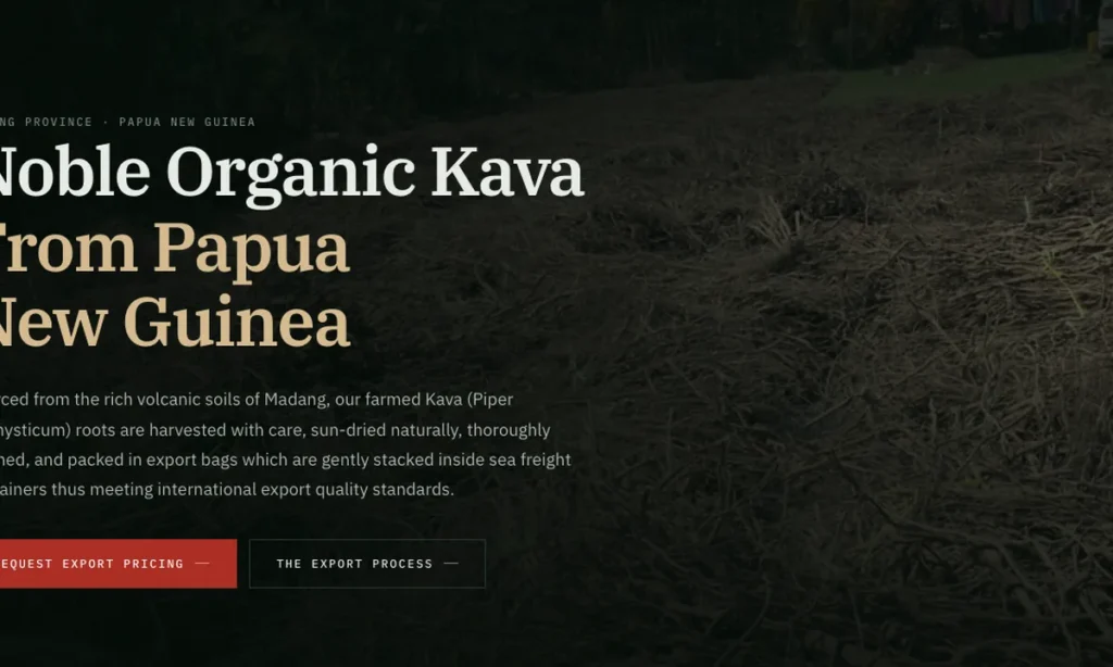 Website banner reading 'Noble Organic Kava from Papua New Guinea' over a photo of dried kava root