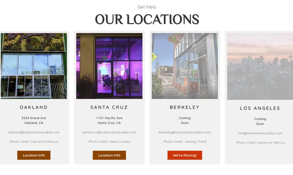 Website section titled Our Locations with storefront photo cards for Oakland, Santa Cruz, Berkeley and Los Angeles