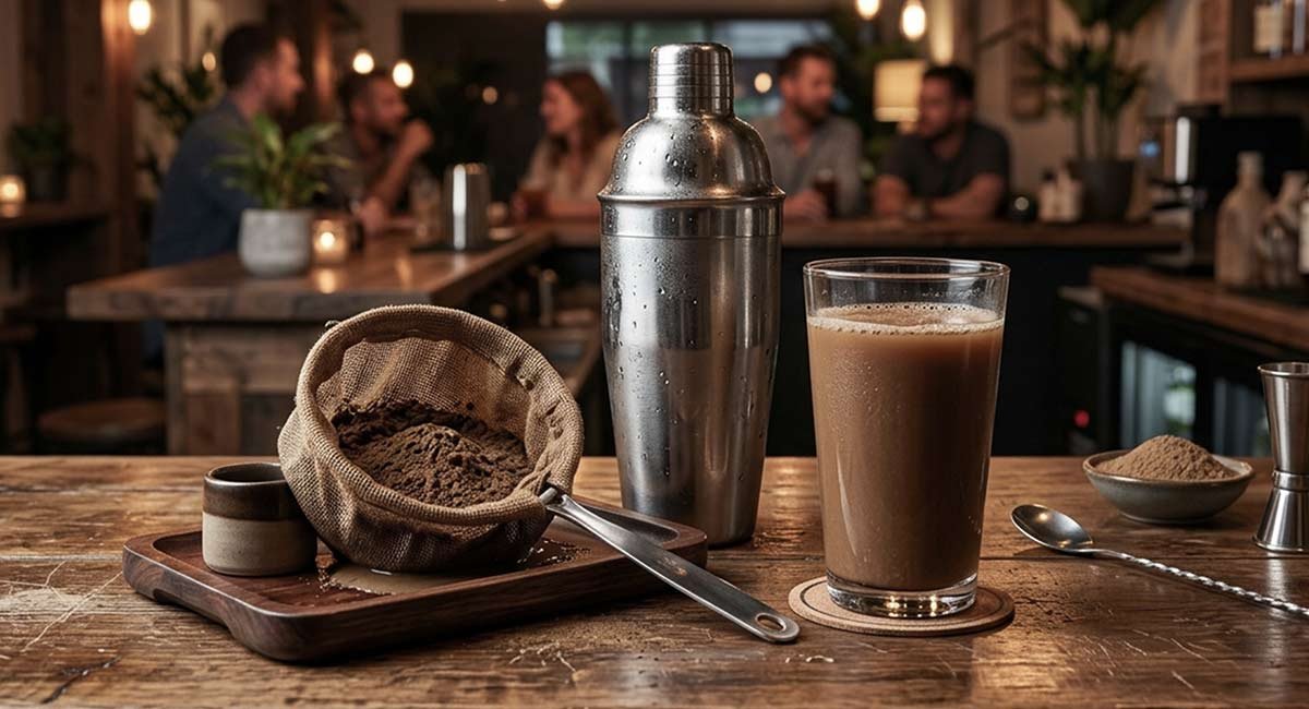 Modern kava bar preparation with a shaker and strainer bag