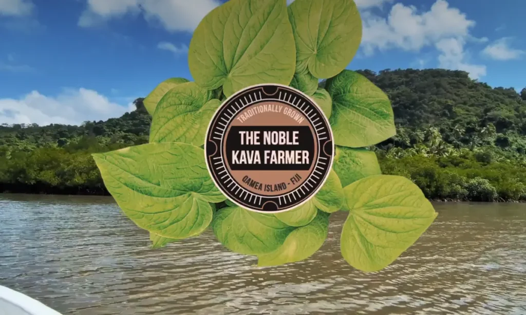The Noble Kava Farmer logo over a river and hillside view on Qamea Island, Fiji