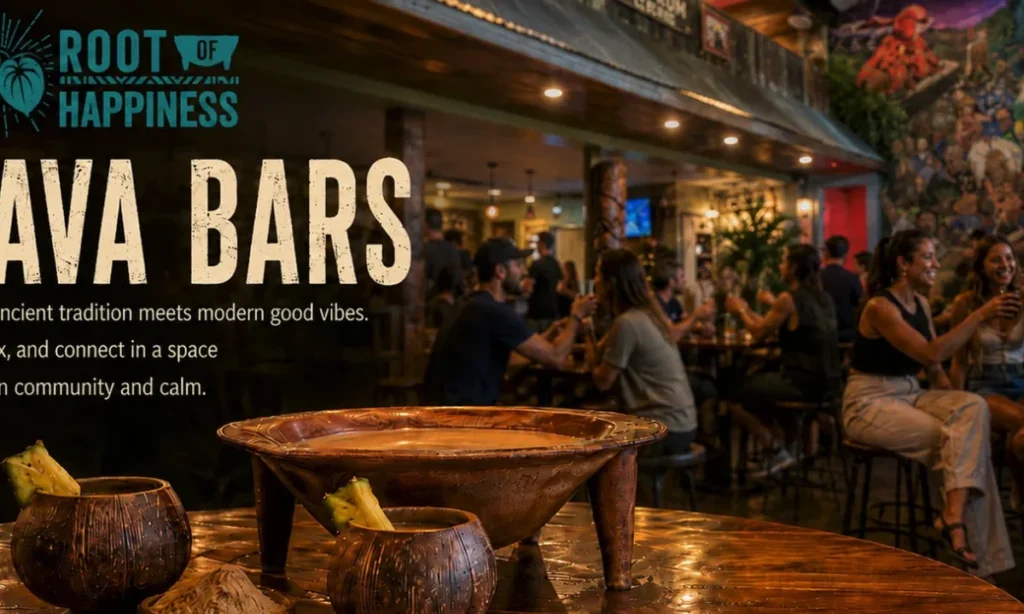 Promotional banner with the Root of Happiness logo, a kava bowl and coconut cups on a table, and guests at a bar behind