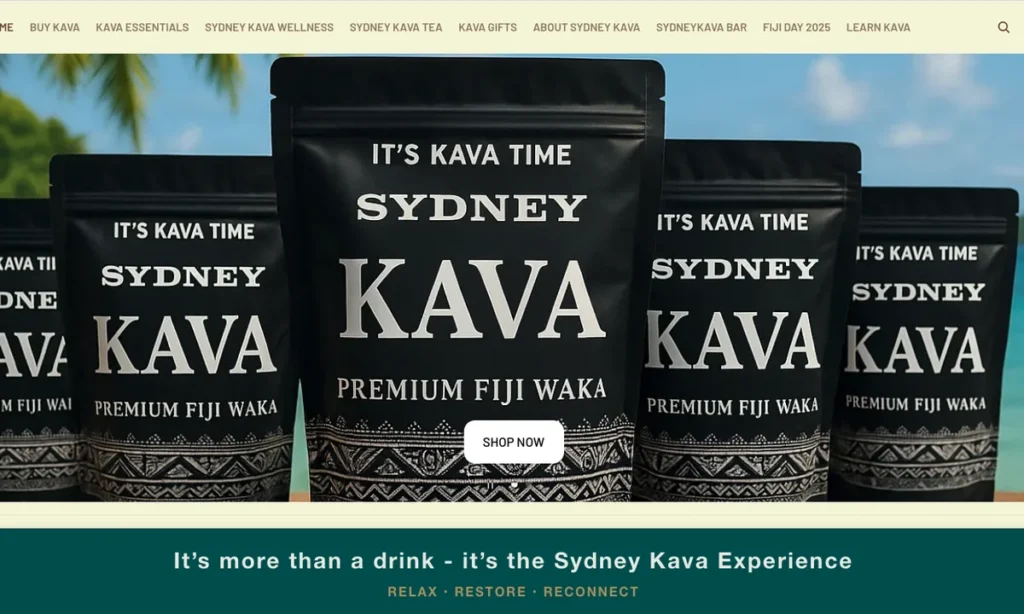 Black Sydney Kava pouches labelled Premium Fiji Waka in front of palm trees and a blue sky