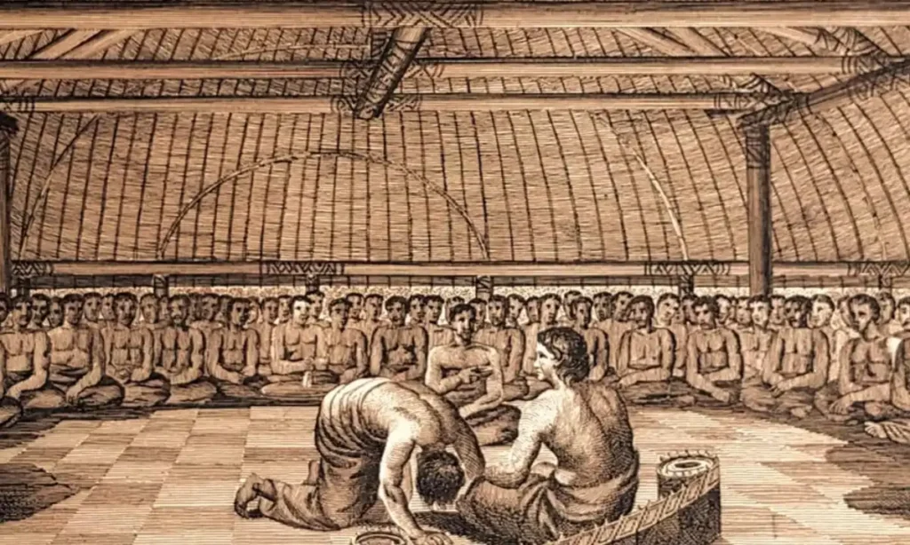 Historical illustration of a traditional kava ceremony inside a large open-sided hall