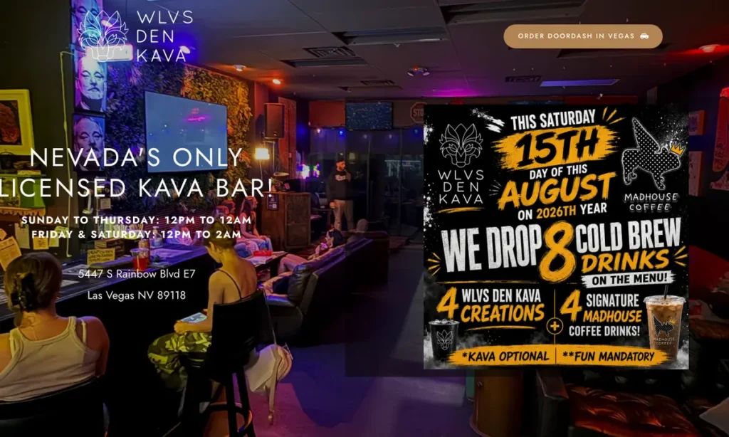 Guests seated on sofas and at the bar in the dimly lit WLVS Den Kava lounge in Las Vegas